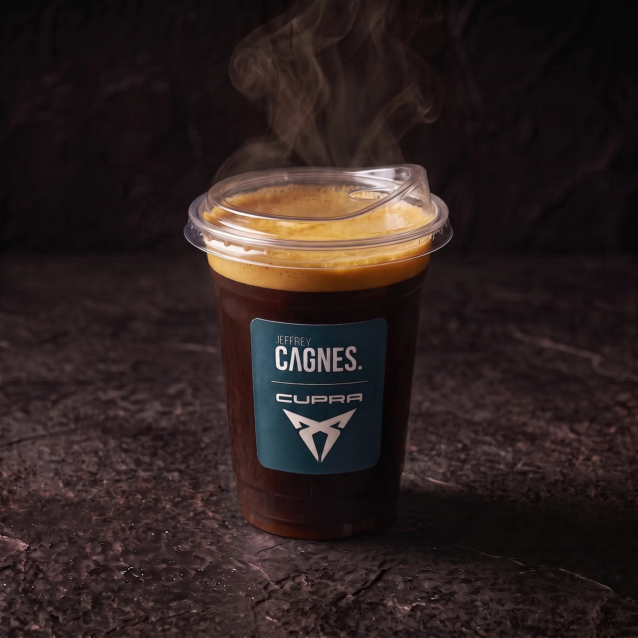 Double Espresso chaud surmonté d'une crème dorée dans son gobelet Jeffrey Cagnes x Cupra au Coffee Club