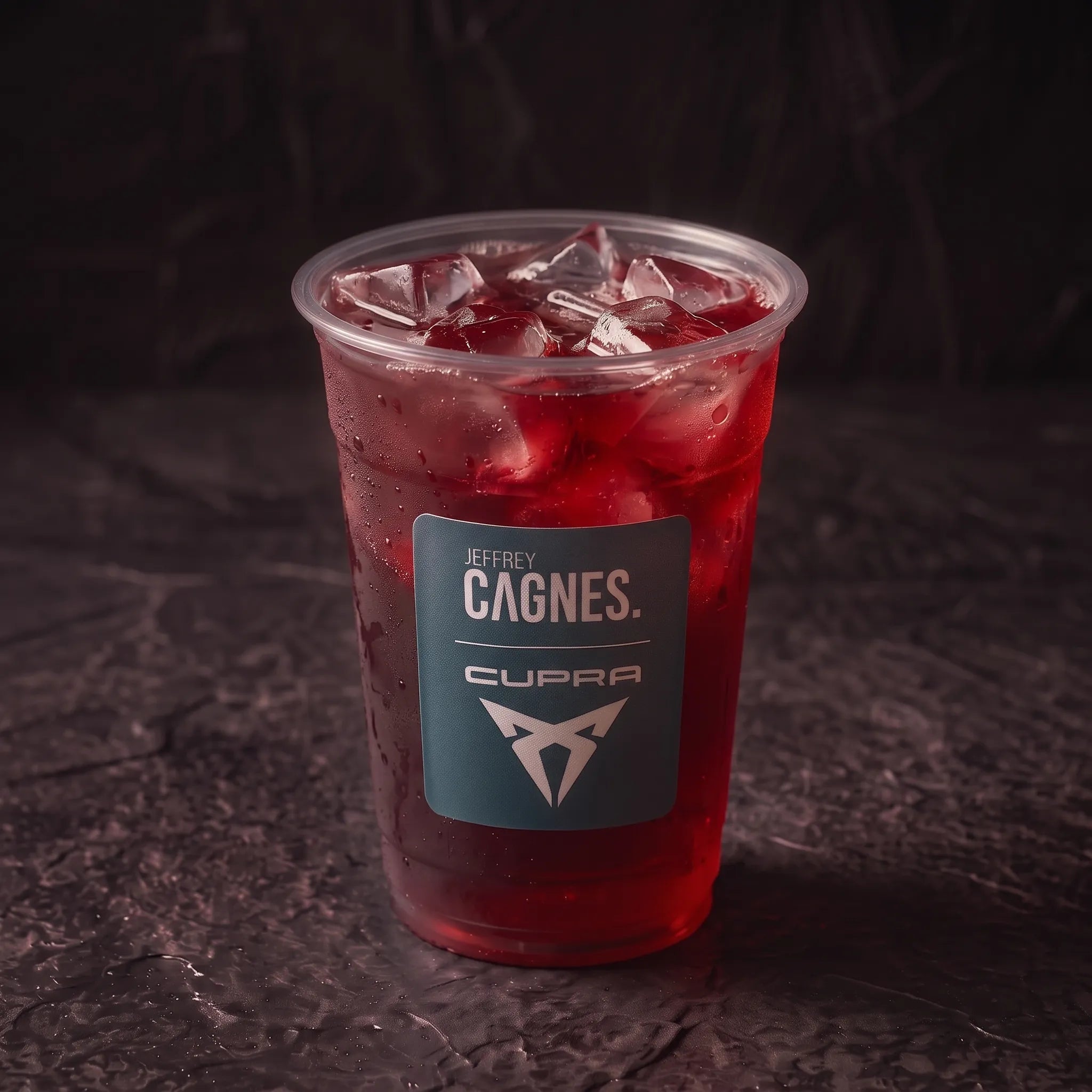 Un plan rapproché de style studio d'un gobelet en plastique transparent rempli d'une boisson rouge profond glacée (thé d'hibiscus) remplie de glaçons. L'autocollant bleu-gris sur le gobelet porte le texte "JEFFREY CAGNES." en haut, une ligne séparatrice, puis le mot "CUPRA" et le logo CUPRA en dessous. Le gobelet est posé sur une surface rocheuse texturée sombre et humide.