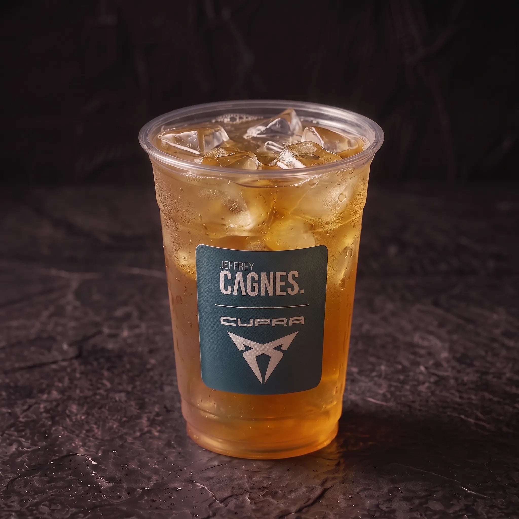 Un plan rapproché de style studio d'un gobelet en plastique transparent rempli d'une boisson jaune-doré glacée (thé glacé citron et menthe) remplie de glaçons. L'autocollant bleu-gris sur le gobelet porte le texte identique "JEFFREY CAGNES.", "CUPRA" et le logo Cupra. Le gobelet est posé sur une surface rocheuse texturée sombre et humide, identique au fond de l'image précédente.