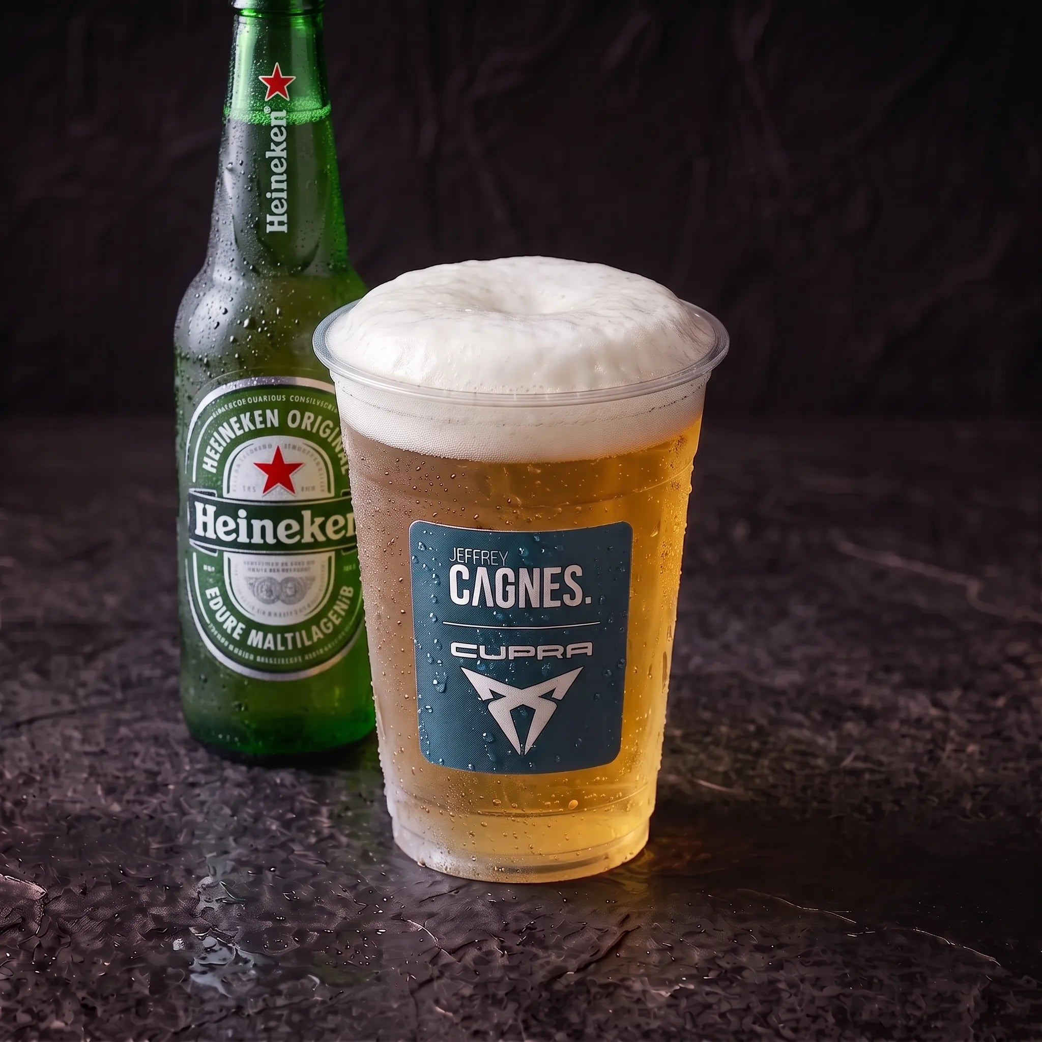 Bouteille de bière Heineken fraîche à la robe dorée et son gobelet servi au Coffee Club Jeffrey Cagnes x Cupra