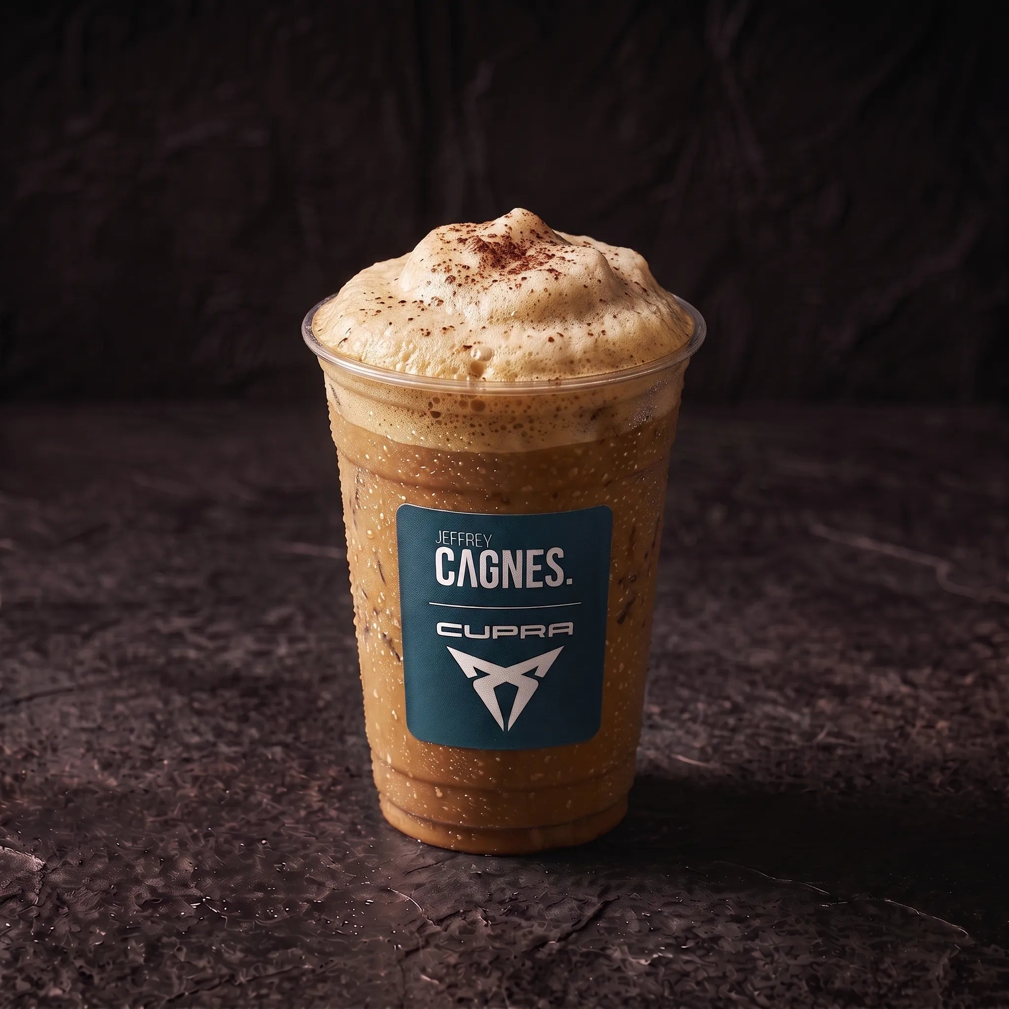 Café Frappé glacé couronné d'une mousse dense saupoudrée de cacao dans son gobelet Jeffrey Cagnes x Cupra