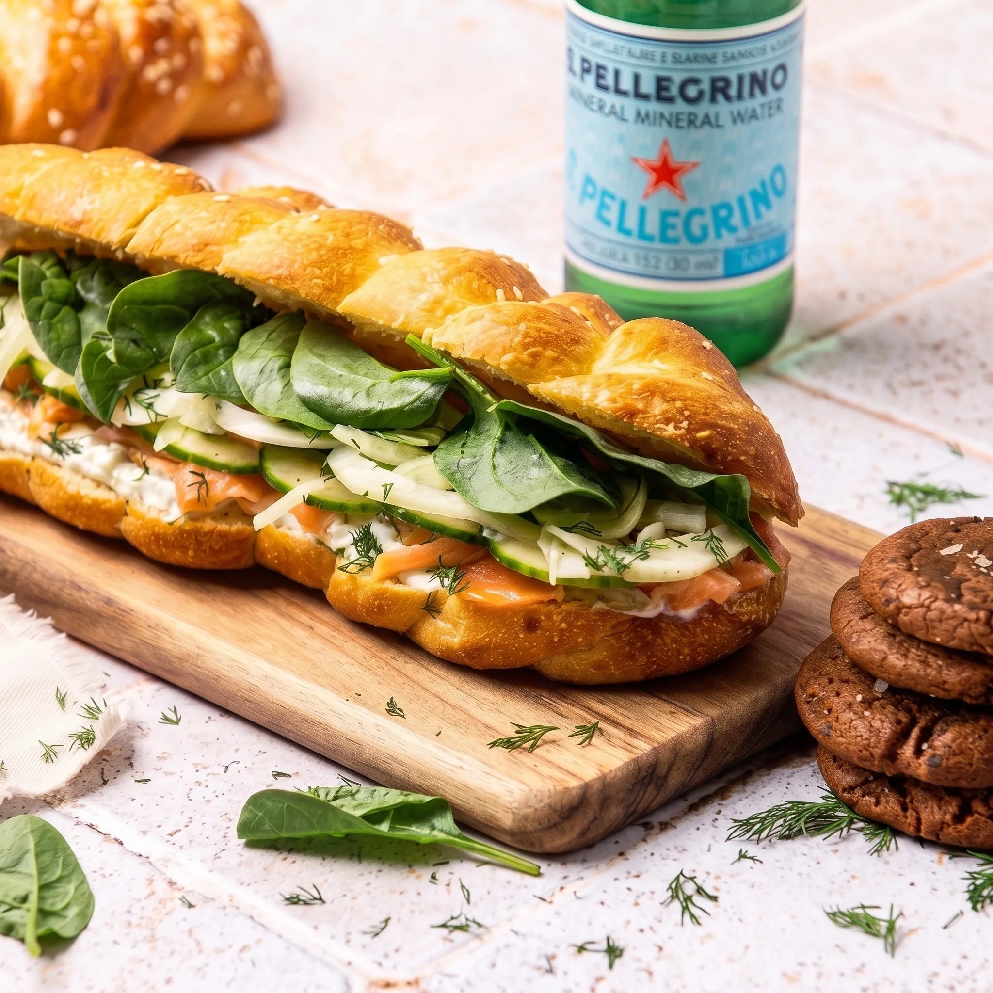 Formule Déjeuner complet comprenant le Sandwich Saumon & Tzatziki en pain Hallot, une bouteille d'eau pétillante San Pellegrino et des cookies au chocolat.