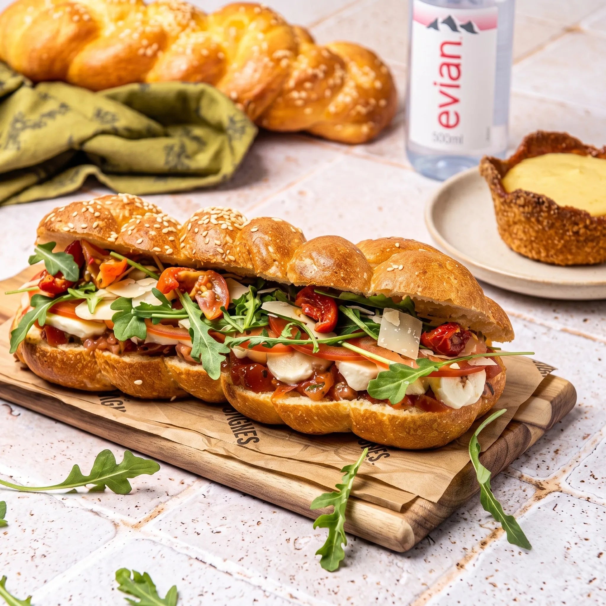 Formule Déjeuner complet comprenant le Sandwich Veggie en pain Hallot sur planche en bois, une bouteille d'eau Evian et une part de flan pâtissier.