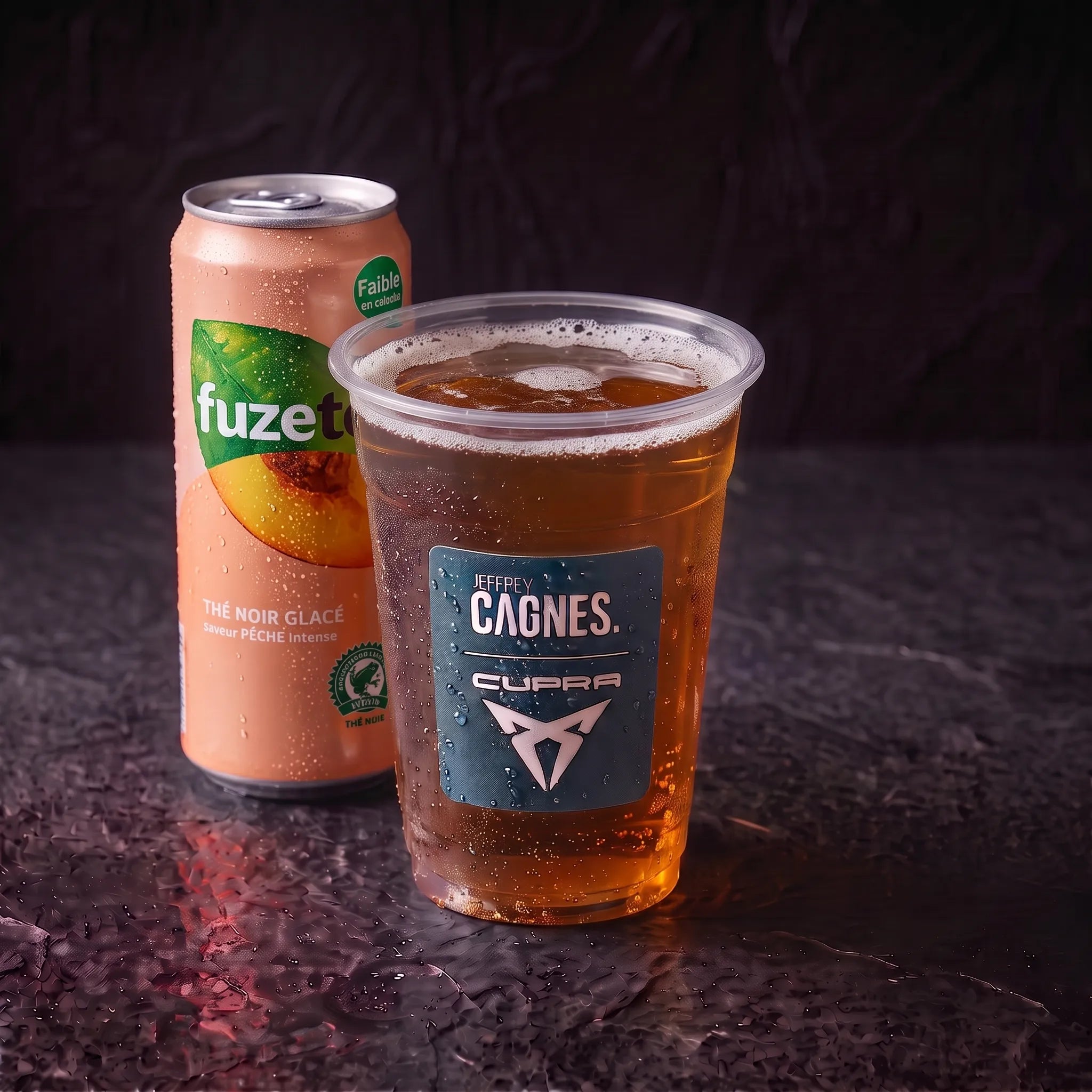 Canette de Fuze Tea Pêche Intense et son gobelet de thé noir glacé servi frais au Coffee Club Jeffrey Cagnes
