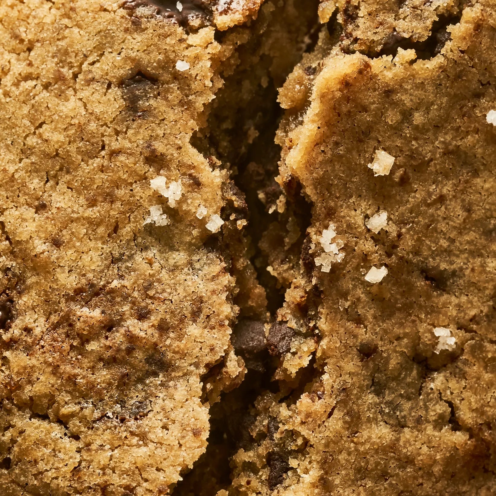 Détail de la brisure d'un cookie au chocolat noir, montrant la richesse des pépites fondantes et les éclats de sel marin.