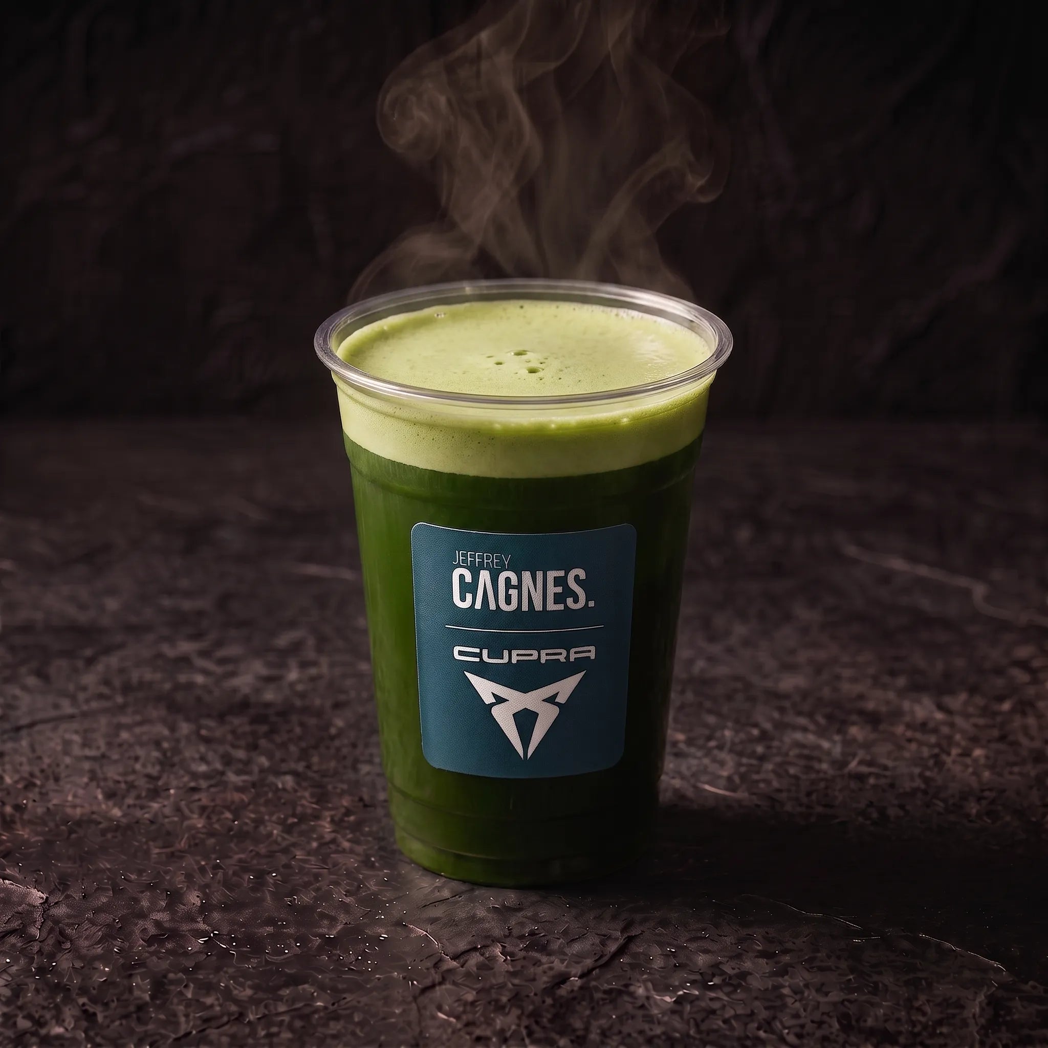 Matcha Americano chaud à la couleur verte intense et mousse délicate dans son gobelet Jeffrey Cagnes x Cupra au Coffee Club