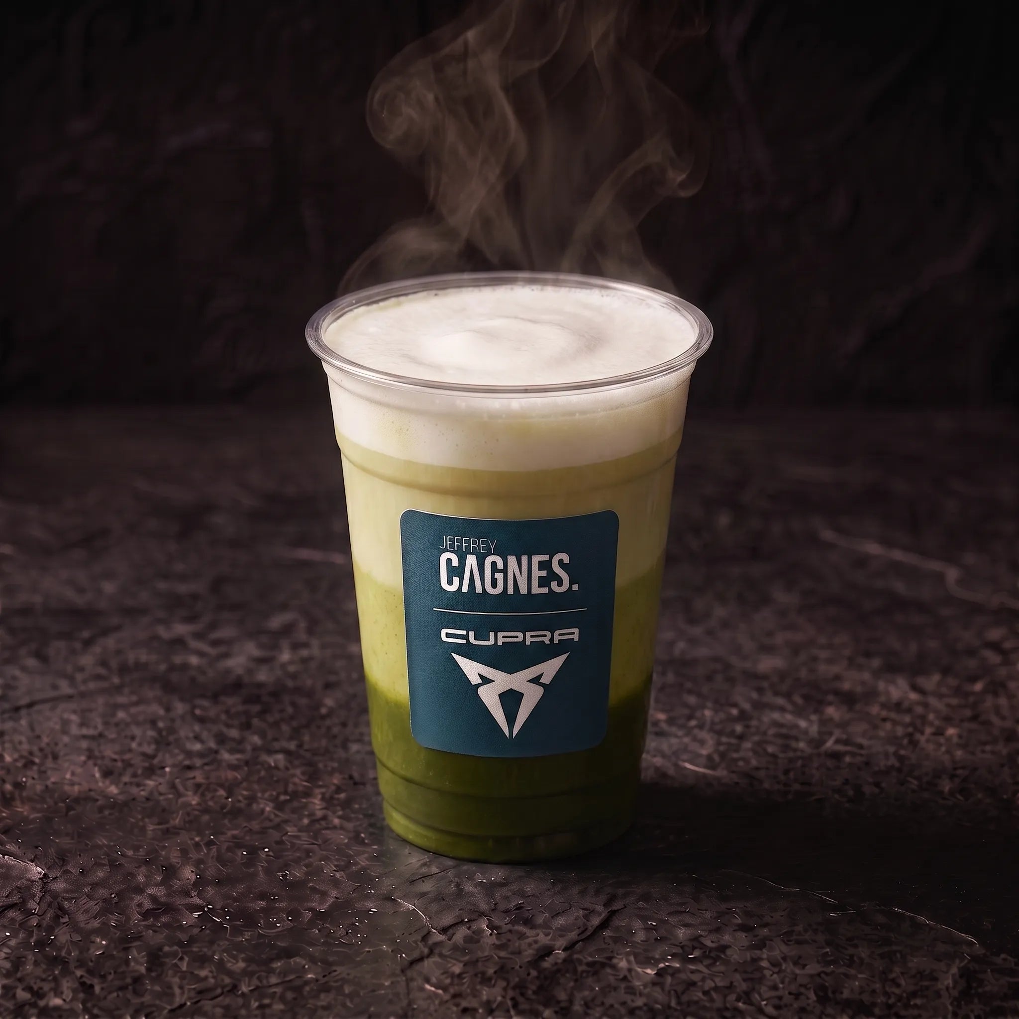 Matcha Latte chaud aux dégradés vert et blanc surmonté d'une mousse de lait dans son gobelet Jeffrey Cagnes x Cupra