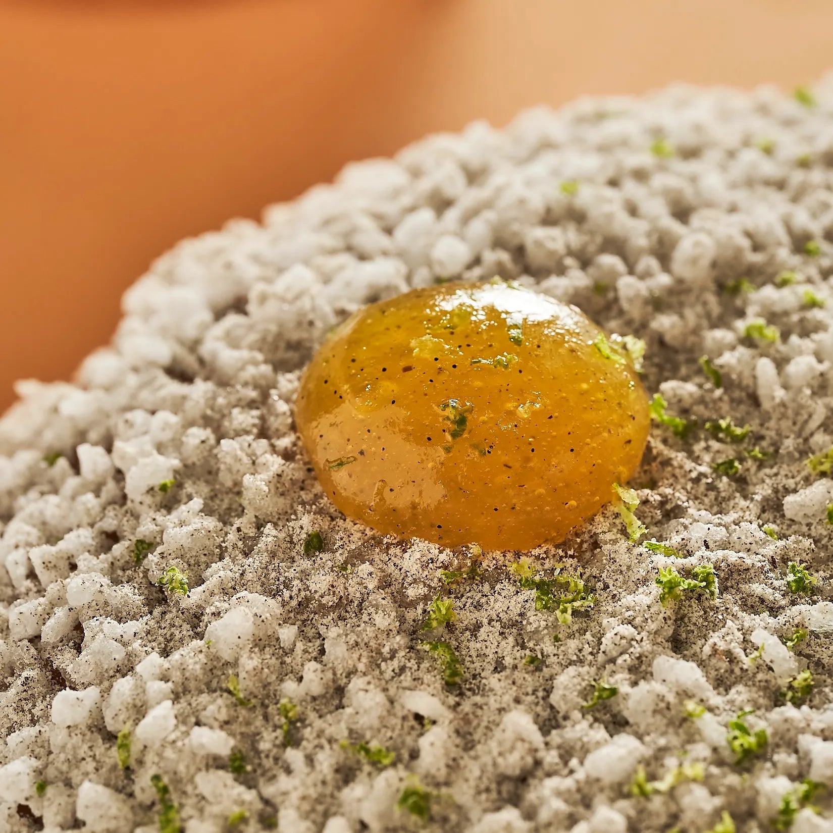 Détail du dessus de la Tropézienne recouvert de sucre grain, de zestes de citron vert râpés et d'une touche de confit d'agrumes à la vanille.