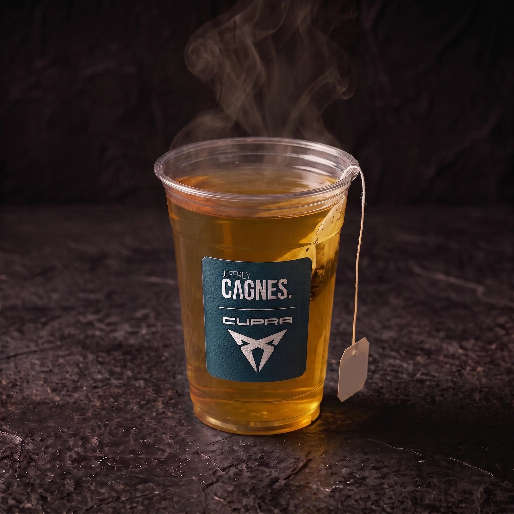 Infusion de thé chaud de qualité supérieure en sachet dans son gobelet Jeffrey Cagnes x Cupra au Coffee Club
